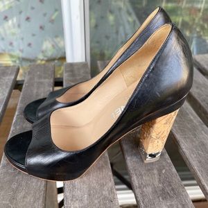 Chanel classic black open toe cork heel pumps